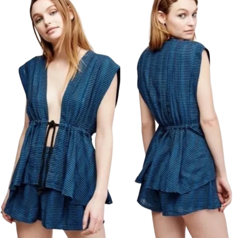 Free People Striped Deep Plunge Open Rope Tie Vest Tunic Top Jamie Short…